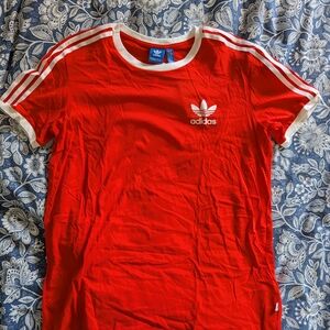 Adidas Red T-Shirt with White Stripes